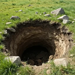 landscape, a giant hole in the ground, photorealistic cinematic concept art, overgrown stones and grass fields bright day
