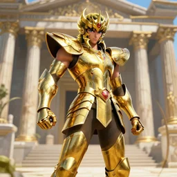 unreal engine render Saint Seiya, The Golden spider Armor knight, greek temple background