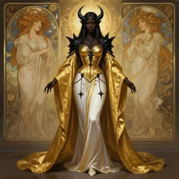 Full body Portrait of a Holy Necromancer, black female, beautiful, golden robes, white pants, exquisite black accessories, golden corset, highly detailed, smooth, sharp focus, digital painting, illustration, fantasy, by Krenz Cushart and Artem Demura and alphonse mucha, artstation, cgsociety