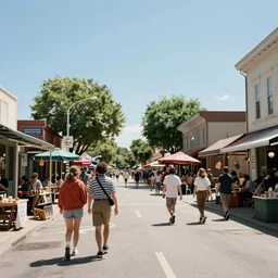 « summer, sunny day, 1 9 8 0 years, usa, street view with shops markets, fantasy, stranger things vibes »
