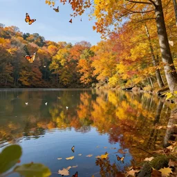 a beautiful Autumn lake surrounded by butterflies