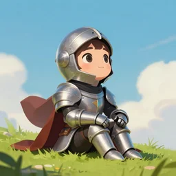 cute knight sitting on a grass, looking at the sky, Medieval Futurism, Retrofuturism, medieval, science fiction by JeeHyung lee, Anna Nikonova aka Newmilky, trending on artstation, 2D art, 2dcg #digital art #cute #girls photoshop