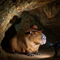 capybara with a cowboy hat in a cave, light on camera right below the eyeline, wide shot