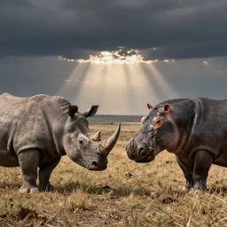 a rhino standing opposed to a hippo, a standoff in the African savanna