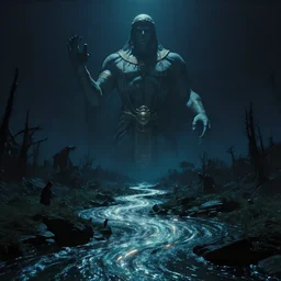 dark eerie movie frame, greek fantasy panorama, a magnificent ghost giant above the magic shining river styx, at night, otherworldly, stanley kubrick, 1 7 mm, wide shot, surreal, deep