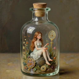 a tiny realistic proportioned air genie sitting down inside a glass bottle. beautiful, fantasy, ornate detailed painting by artgerm and magali villanueve and michael whelan