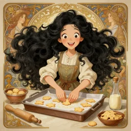 cheerful older sister with long voluminous black hair baking cookies, full body shot, intricate, highly detailed, digital painting, artstation, concept art, matte, sharp focus, illustration, hearthstone, art by artgerm and greg rutkowski and alphonse mucha
