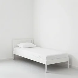 a small single white bed in the corner of a empty white room