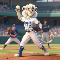 beautiful portrait of a female anthropomorphic albino lioness fursona baseball player at a baseball stadium pitcher's mound. character design by disney, charlie bowater, ross tran, artgerm, and makoto shinkai, detailed, soft lighting, rendered in octane