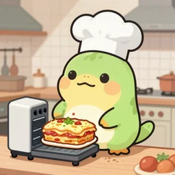 cute platypus on a kitchen wearing a chef hat and holding a lasagna into an oven, logo style