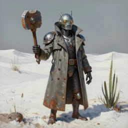 a mutant android in a trenchcoat that is holding a wooden buckler, surrounded by white salt dunes, matte oil painting, retrofuturistic, science fantasy, plants, rust, chrome, lgbt, queer, rpg, epic, dungeons & dragons, sacred, sharp focus, award - winning, extremely detailed, 4 k, 8 k