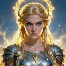 The Godess Hera looking angry, radiating a glowing aura, detailed armor, portrait, highly detailed, digital painting, artstation, concept art, smooth, sharp focus, beautiful face, symmetric face, enchanted, official fanart, behance, HD, blue and yellow theme, by Jesper Ejsing