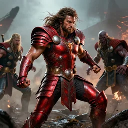 jason momoa conan the barbarian thor fighting zombies on a post apocalyptic battlefield, wearing royal crimson fantasy ornate spartan dragon scale armor, volumetric lighting, wet skin and windblown hair, muscular!!!, battle action pose, frank frazetta, boris vallejo, greg rutkowski cinematic light, frank miller, ridley scott, high contrast