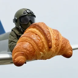 closeup portrait of croissant airplane, french fighter pilot flying a croissant. photograph, natural light, sharp, detailed face, magazine, press, photo. steve mccurry, david lazar, canon, nikon, focus