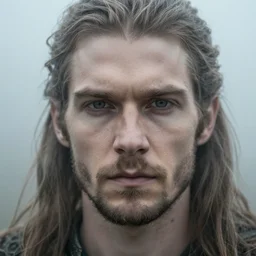 close up realistic face of a druid man, light fog,