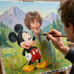 a closeup photorealistic photograph of bob ross working on a canvas painting of mickey mouse. film still. brightly lit scene. mountains and trees. this 4 k hd image is trending on artstation, featured on behance, well - rendered, extra crisp, features intricate detail, epic composition and the style of unreal engine.