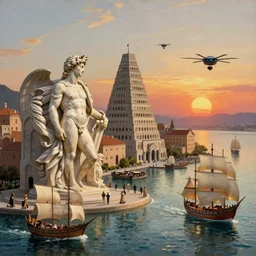 ideal renaissance port city with exotic ships and flying drones surrounded by calm sea and tower of babel by michelangelo, da vinci, peter mohrbacher, oil painting, highly detailed, 8 k, sunset photograph, unreal engine, 3 d cinematic