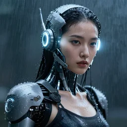 portrait photo of female dancer as a cyberpunk mecha humanoid robotic head shoulder parts with straight bright led lights, under heavy rain, wet skin with water dripping down face, ultra - realistic and detailed, 8 k