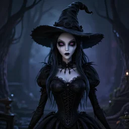 portrait of darkness witch as an anime girl, inspired by Tim Burton, unreal engine render, volumetric light, high détail
