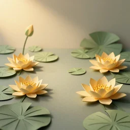 lily Pads with Lotus flowers in the golden hour, paper cut art, close up, DOF, 8k, artstation,