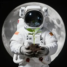 on the moon, an astronaut holding a sprouting plant, photography