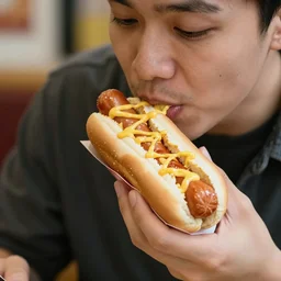 a man eating a hot dog, highly detailed
