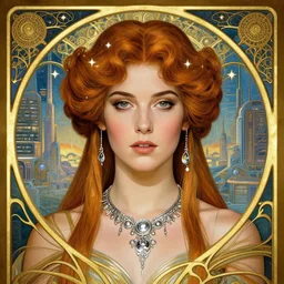 Katie Mcgrath as  the princess of mars , a beautiful art nouveau portrait by Gil Elvgren, beautiful sci-fi city environment, front centred symmetrical composition, defined features, golden ratio, silver jewellery, stars in her gazing eyes