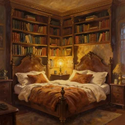 fantasy bedroom, bookshelves, cozy, warm glow, digital art, oil on canvas, trending on artstation, ornate