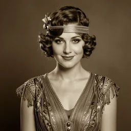 a portrait photo of a 1 9 2 0 s young woman with a slight smile in a flapper dress, atmospheric lighting, painted, sepia, intricate, ultra detailed by leesha hannigan, thierry doizon, kai carpenter, well composed, best on artstation, cgsociety, epic, stunning, gorgeous, intricate detail, wow, masterpiece