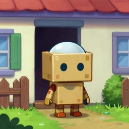 main player character, which is a small cute robot with a cardboard box as a body and a dome shaped head, standing outside a house, from a lucasarts point and click 2 d graphic adventure game, art inspired by thomas kinkade