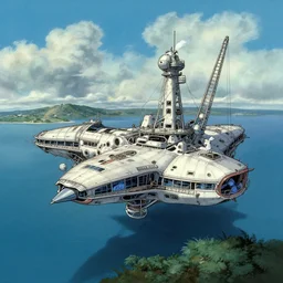 a beautiful and detailed illustration of a spaceport in a bay by Ralph McQuarrie and Robert McCall, cinematic atmosphere, establishing shot