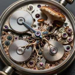 detailed view from inside a clockwork watch, entangled roots covered in mushrooms, biomechanics, cracked earth, living spore microorganisms, decaying, rusty, hyper realistic photo, full colour, upscale, 8 k