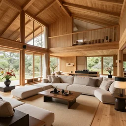 realistic full room view photo of a luxurious wooden cottage by alvar aalto, modern furnished japanese living room, japanese flower arrangements, coherent composition, detailed, photorealistic, architecture photography, telephoto lens, canon rf 8 0 0 mm f / 5. 6 l