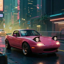a photo of a mazda miata in cyberpunk city, detailed photo