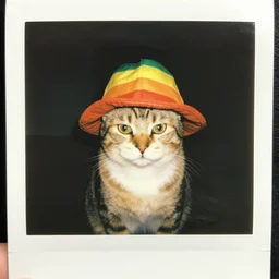 a cat wearing a rasta hat absolutely blazing it, candid instant polaroid photograph