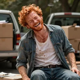 moving day disaster. photo of ginger man in excruciating pain with a broken back