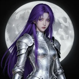 portrait of young strong prophetess of the moon, silver filigree armor, purple hair, translucent skin, beautiful! coherent! by brom, by junji ito, strong line, high contrast, muted color
