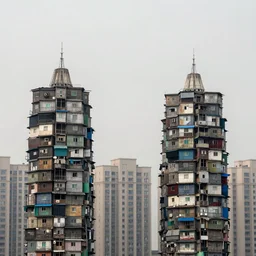 high towers, made up of stacked makeshift squatter shacks with aged colours, plain uniform sky at the back, uneven fog, mamiya, ultra sharp, very detailed, photographed by julie blackmon