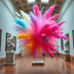 photo of color powder explosion in art gallery, metropolitan museum of art, hellenistic sculptures, particles, fine detail