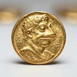 an ancient roman gold coin with the portrait of winking pepe the frog, close up photo, ultra realistic, studio photo, bokeh, 4 k, hd, centered
