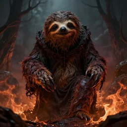 unholy sloth, sloth monster, animal sloth, anthropomorphic sloth, demon sloth, demonic robes, damnation, hell, fear, dirty matted fur, evil, horror, fire, gloomy mood, ultra details, art by artgerm, dwayne barlowe, trending on artstation and greg rutkowski and alphonse mucha, 8 k