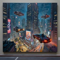 a street level painting of a cyberpunk city with flying cars, advertisements, night, highly detailed, intricate, dynamic lighting, painting by otto dix and greg rutkowski, unreal engine, octane render, 8 k