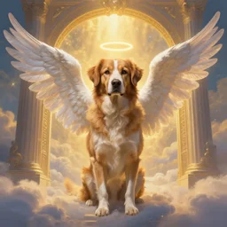 a beautiful digital painting of a dog detailed having angel wings and halo in front of gates of heaven, hyper realistic, golden heavenly lights, breathtaking clouds, 4K, HDR