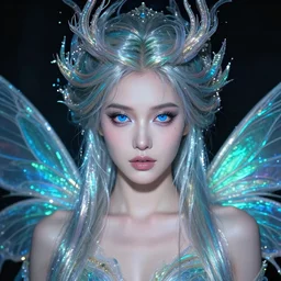 a highly detailed professional portrait of a female fairy, photo by annie liebovitz, beautiful model with blue symmetrical eyes, dramatic lighting, otherworldly, fantasy art, iridescent colors, fashion photography, intricate design, fae elements, detailed shiny hair, whimsical, atmospheric,