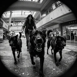 camera footage of a 3 Aggressive Feral Black Dogs with rabies Chasing a young woman in an abandoned shopping mall, high exposure, dark, monochrome, camera,  grainy, CCTV, security camera footage, timestamp, zoomed in, Feral, fish-eye lens, Nightmare Fuel, Dog, Evil, Bite, Motion Blur, horrifying, lunging at camera :4