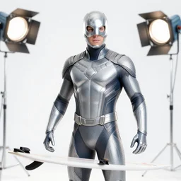 still photo of silver surfer on his board, highly detailed, photorealistic portrait, bright studio setting, studio lighting, crisp quality and light reflections, unreal engine 5 quality render