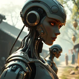 the day in the village when humanoid robots created an intelligent neural network. stylized, depth focus, rankings pixiv, artstation, soft lighting, 4 k, cinematic, by kadokawa, nitroplus, ilya kuvshinov, ross tran, leyendecker, wlop guweiz