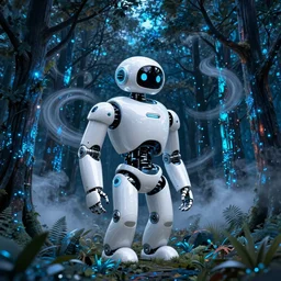 glossy white curved robot in a forest of glowing blue trees at night. swirls of mist swirl around the trees. beeple. glowing blue turquoise forest. digital render. digital painting. artstation. concept art.