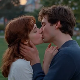 a cinematic extreme close - up of a young couple kissing in the park, disney, evening, highly detailed matte painting, telephoto lens 2 0 0 mm, by stanley artgerm lau, greg rutkowski, thomas kinkade, alphonse mucha, loish, norman rockwell, artstation