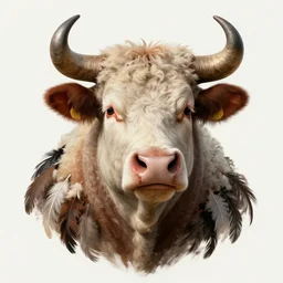 a hyper detailed full face portrait of a anthropomorphic!!!! joaquin phoenix!!!!!!! as the king!!!! of animals, ( ( ( ( cow ) ) horns, ( ( ( pig nose ) ) ), sheep wool, chicken! feathers!!!!, horror, anna podedworna, miklos ligeti, diego